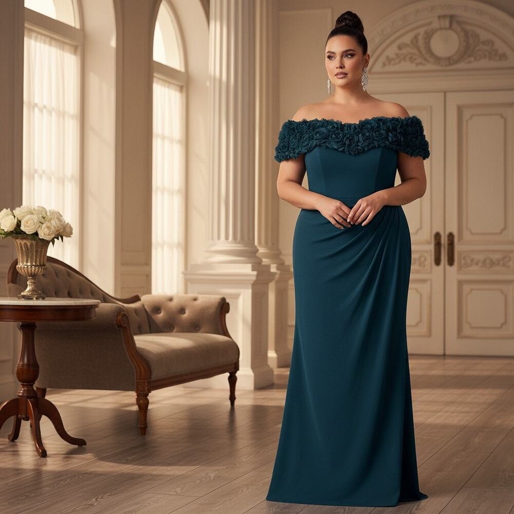 G-30 Eliza J Teal Off‑Shoulder Gown Size 22W NWT – Textured Floral Neckline